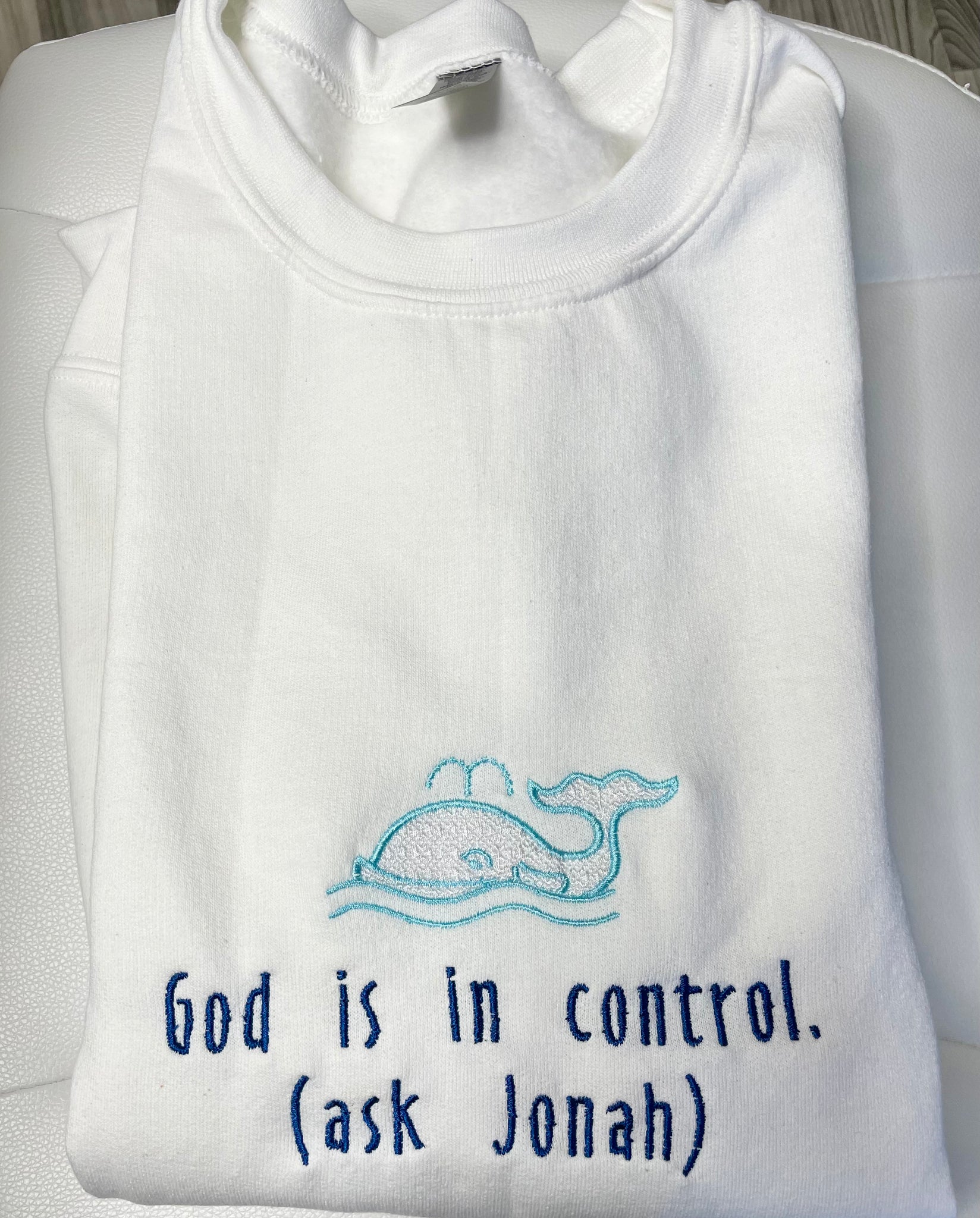 God is in control.  | White crewneck - Apparel for God LLC